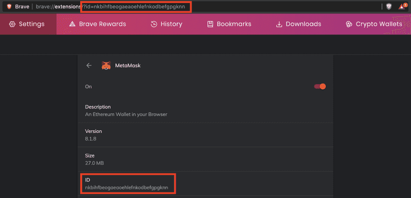 Showing the extension ID in Brave