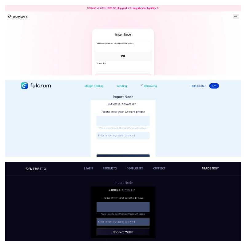Examples of the malicious Web3 apps imitating legitimate branding to steal secrets