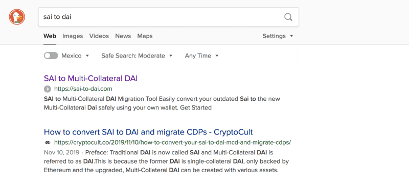 A scam domain being pushed to the first result on DuckDuckGo