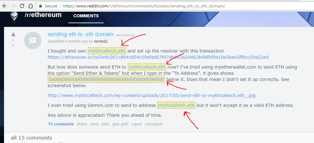 A Reddit thread with Ethereum addresses and ENS names highlighted and linked by EAL
