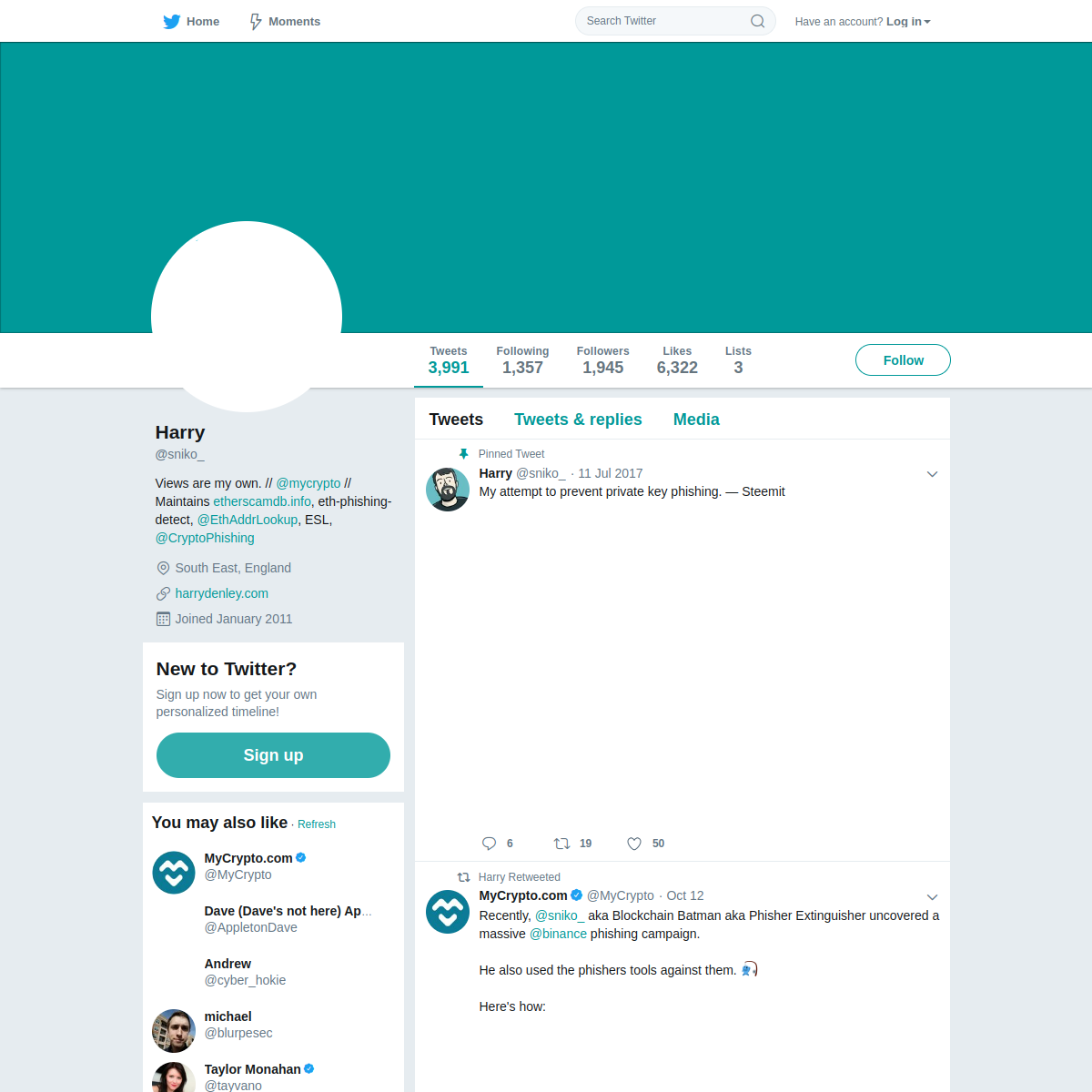 My @sniko_ profile on Twitter on 14 October 2018, showing 1,945 followers