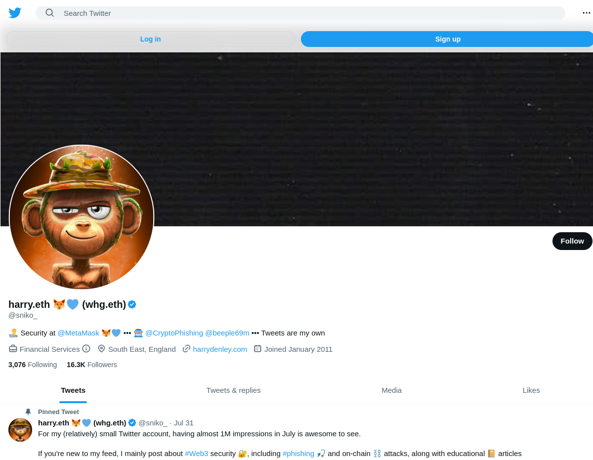 My @sniko_ profile on 24 November 2022 in the newer Twitter layout, with the blue check and 16.3K followers