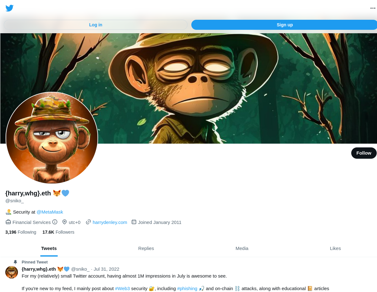 My @sniko_ profile on 15 July 2023, with no badge, 17.6K followers, and the bio "Security at @MetaMask"