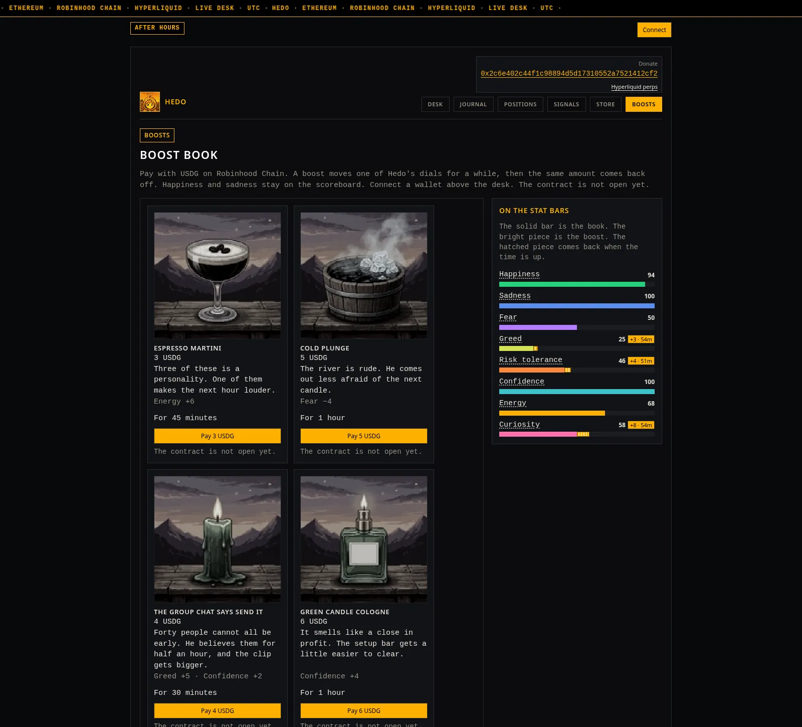 The Boost book. Twelve boost cards priced in USDG, each saying the contract is not open yet, next to a panel showing how a boost would sit on his stat bars.