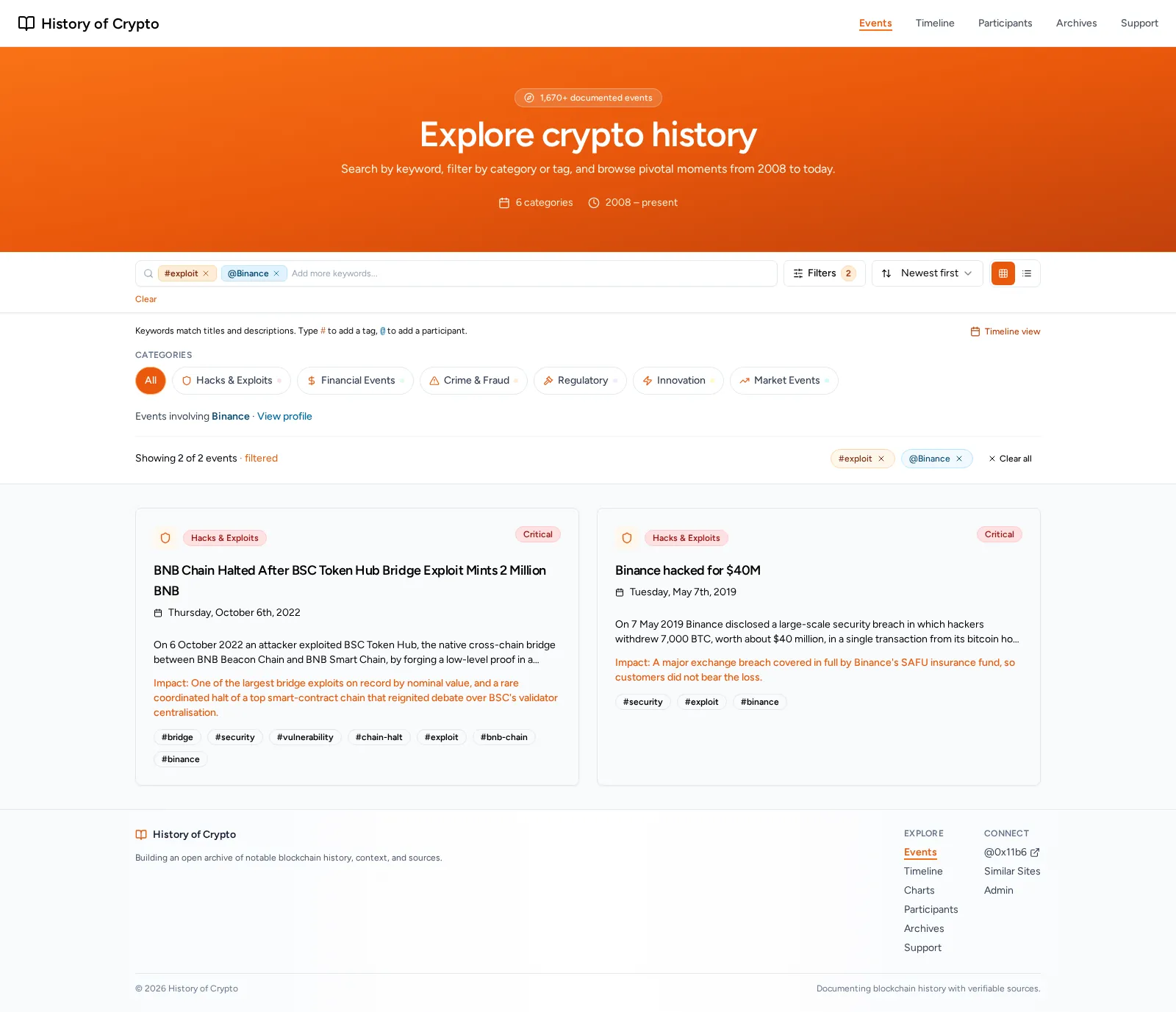 The Explore crypto history search page, filtered to the #exploit tag and the @Binance participant. Two Critical Hacks & Exploits results: the BSC Token Hub bridge exploit and the 2019 Binance hack.