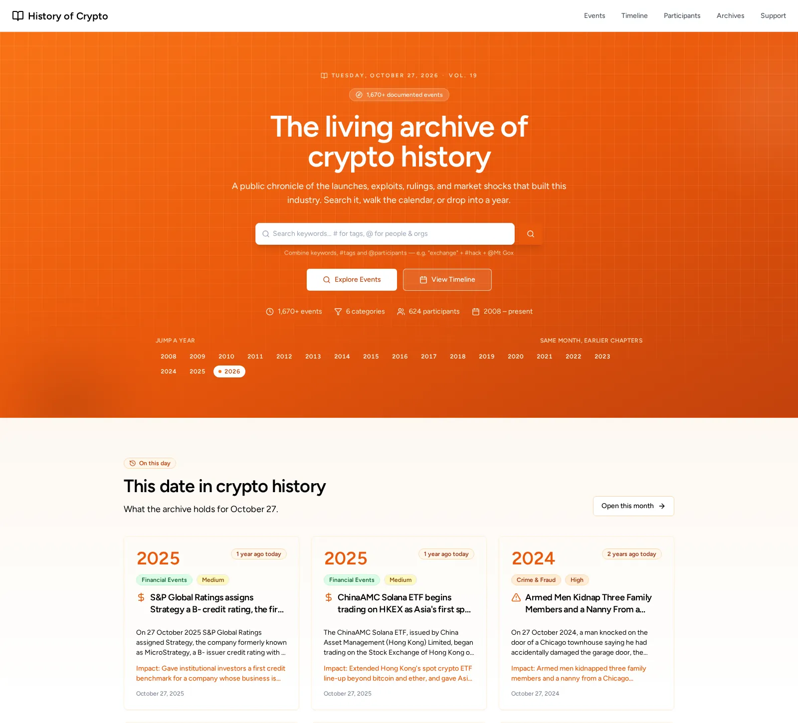 The History of Crypto home page. An orange hero reading "The living archive of crypto history" with a search box, then "This date in crypto history", a row of event cards from previous years that landed on today's date.