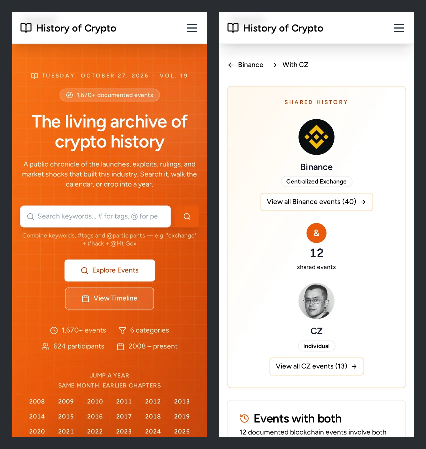 Two phone screenshots side by side. Left, the History of Crypto home page with the hero, the search box, and the jump-a-year links. Right, the Binance and CZ shared history page with both avatars stacked above the shared event count.